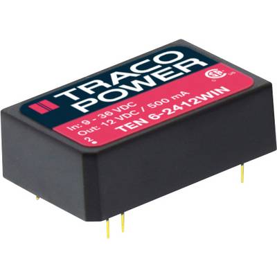 Modul měniče DC-DC Black Traco Power označený 'TEN 6-2412WIN' se vstupem 9-36 VDC a výstupem 12 V, 500 mA.