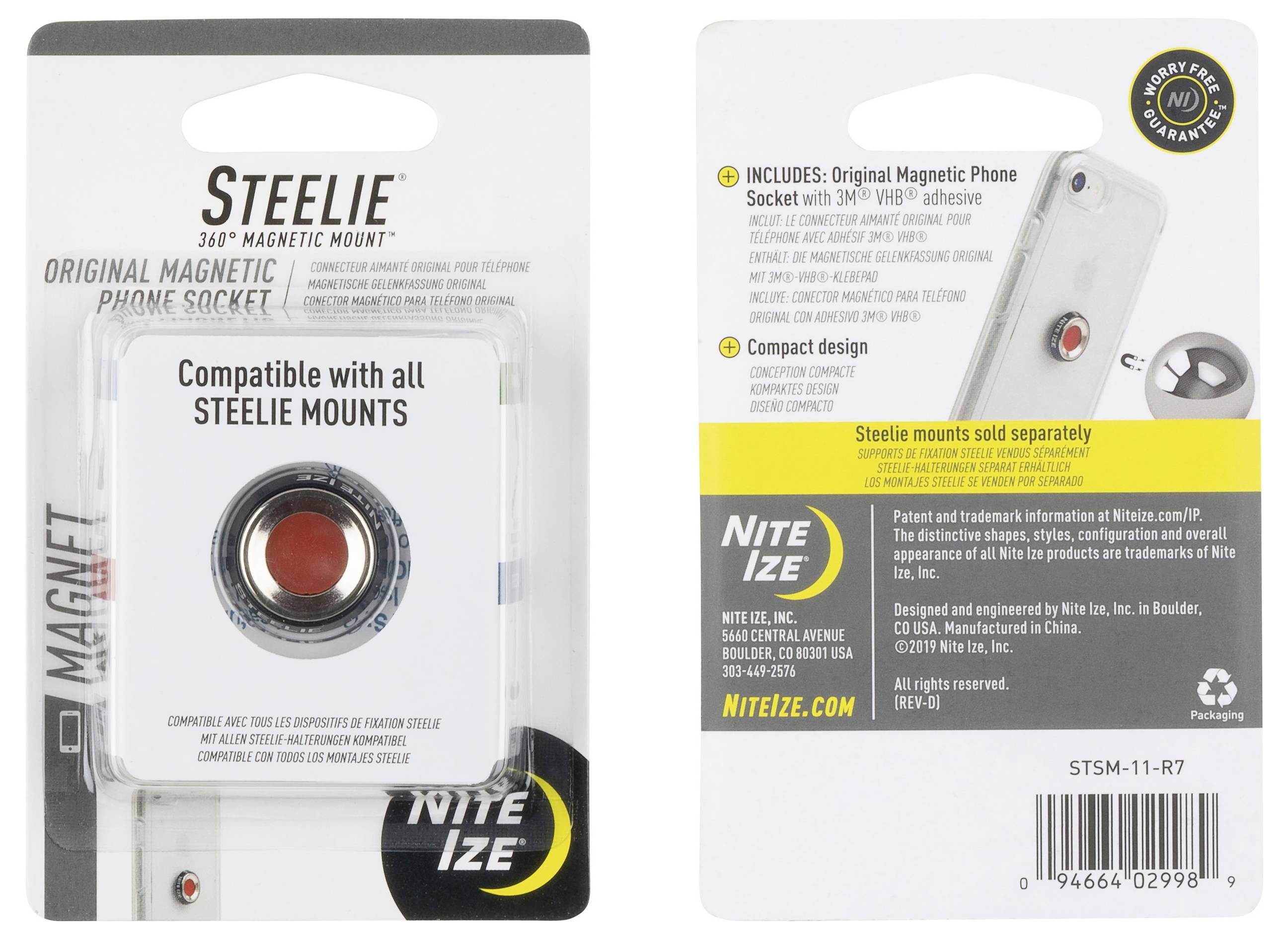 Obal pro magnetický držák Steelie 360. Na přední straně je nápis "Kompatibilní se všemi držáky STEELIE". Na zadní straně jsou uvedeny vlastnosti produktu a jeho obsah.