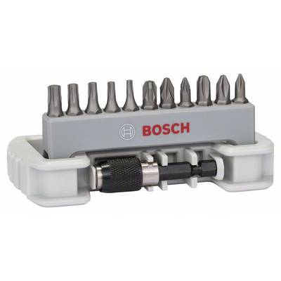 Sada bitů od Bosche s různými nástavci v kompaktním držáku, ideální pro použití při různých šroubovacích pracích.