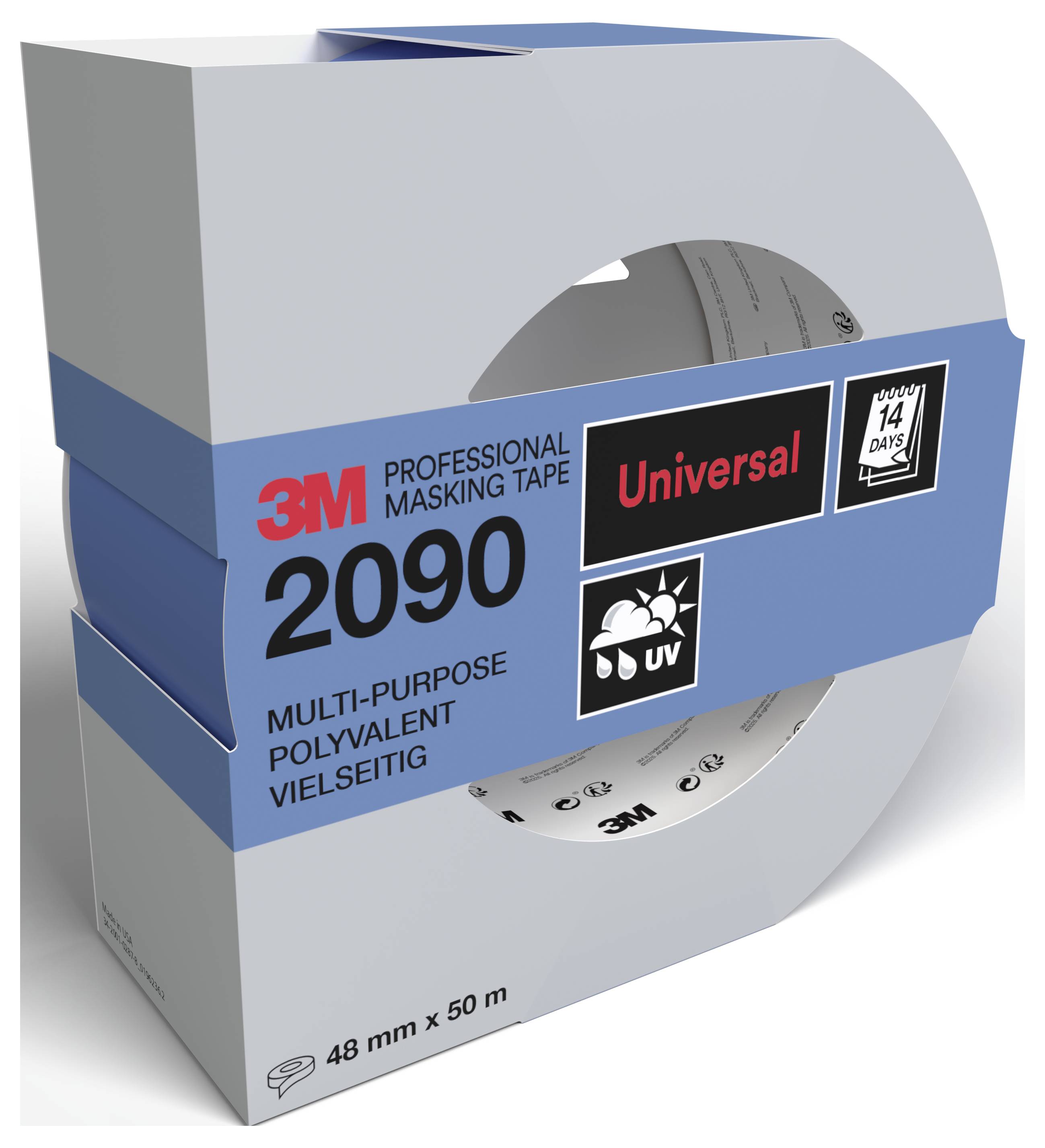 3M Profesionální lepicí páska na masking 2090 v krabici označené 'Universal' a 'UV', pro víceúčelové použití, 48 mm x 50 m, s indikátorem odstranitelnosti '14 dní'.
