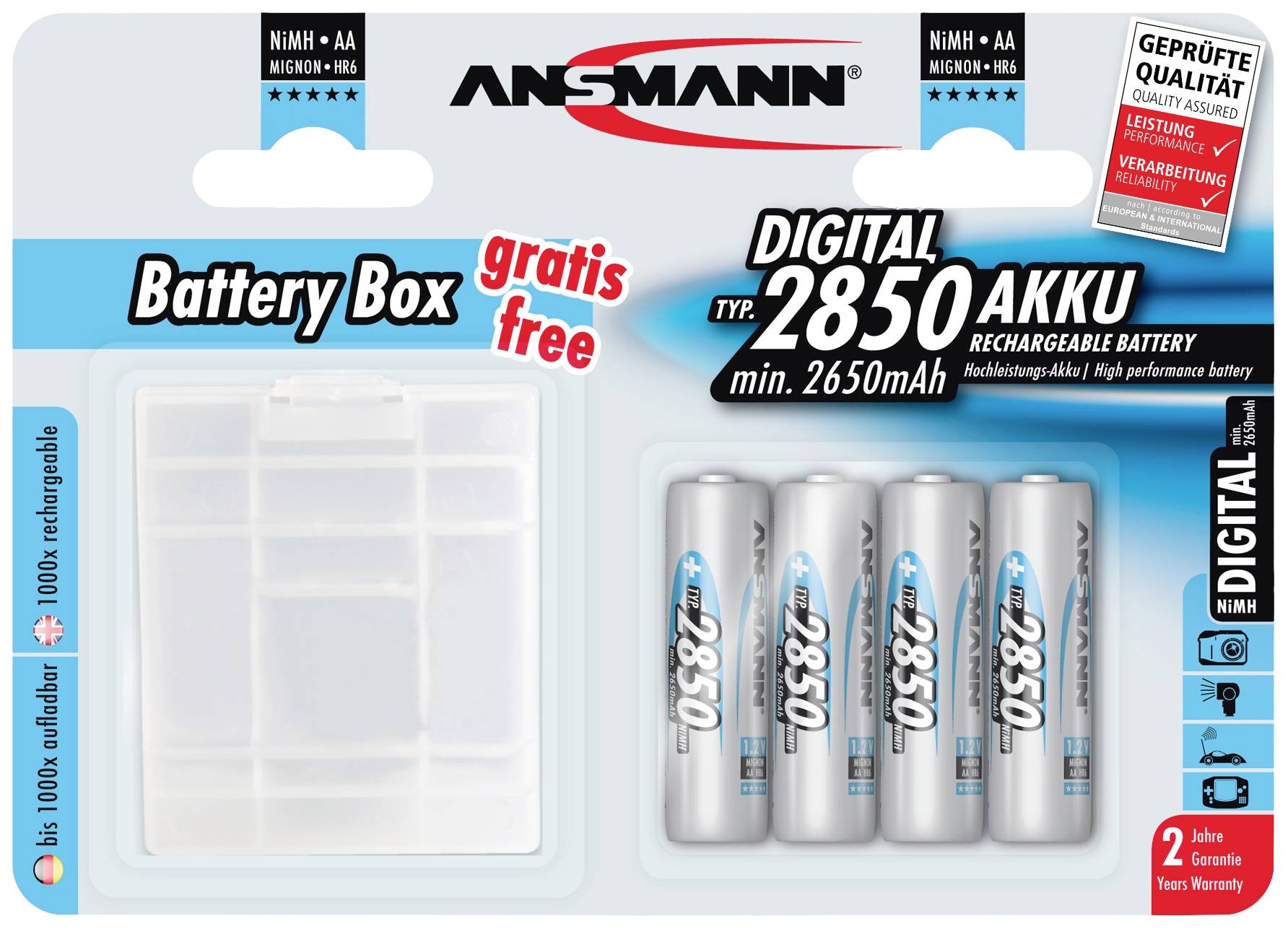 'Akumulátorová sada Ansmann se 4 AA bateriemi a zdarma dodávaným pouzdrem na baterie. Typ: 2850 mAh, nabíjecí, testováno na vysokou kvalitu.'