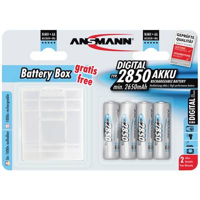 'Akumulátorová sada Ansmann se 4 AA bateriemi a zdarma dodávaným pouzdrem na baterie. Typ: 2850 mAh, nabíjecí, testováno na vysokou kvalitu.'