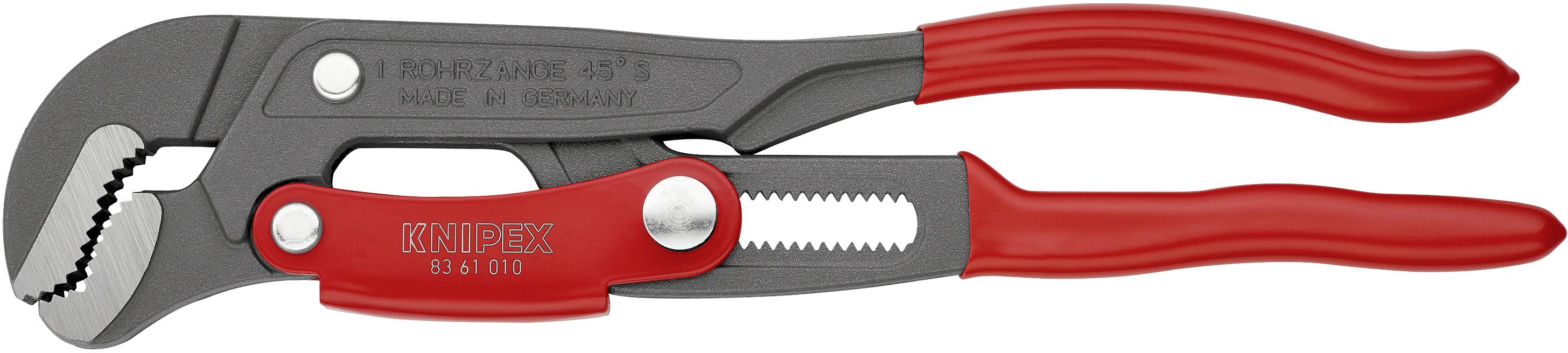 Červené instalatérské kleště s nastavitelným úchopným mechanismem, otevřené na bílém pozadí. Označené značkou 'Knipex' a 'Made in Germany'.