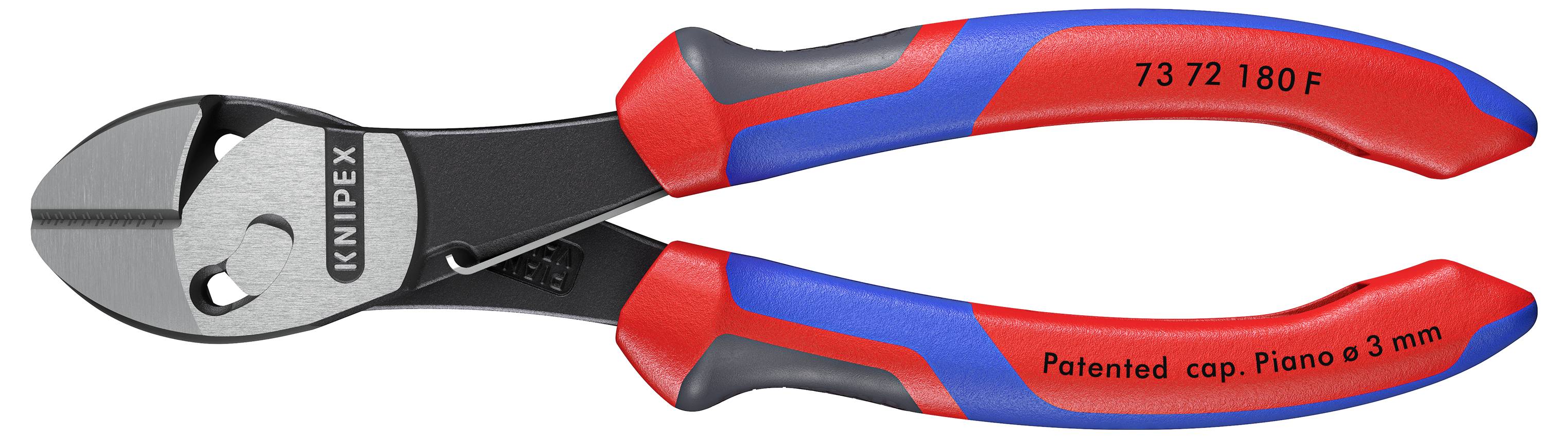 Diagonální štípací kleště s červenými a modrými ergonomickými rukojeťmi, označené '73 72 180 F' a 'Patentováno cap. Piano 3 mm', viditelný firemní název 'Knipex'.