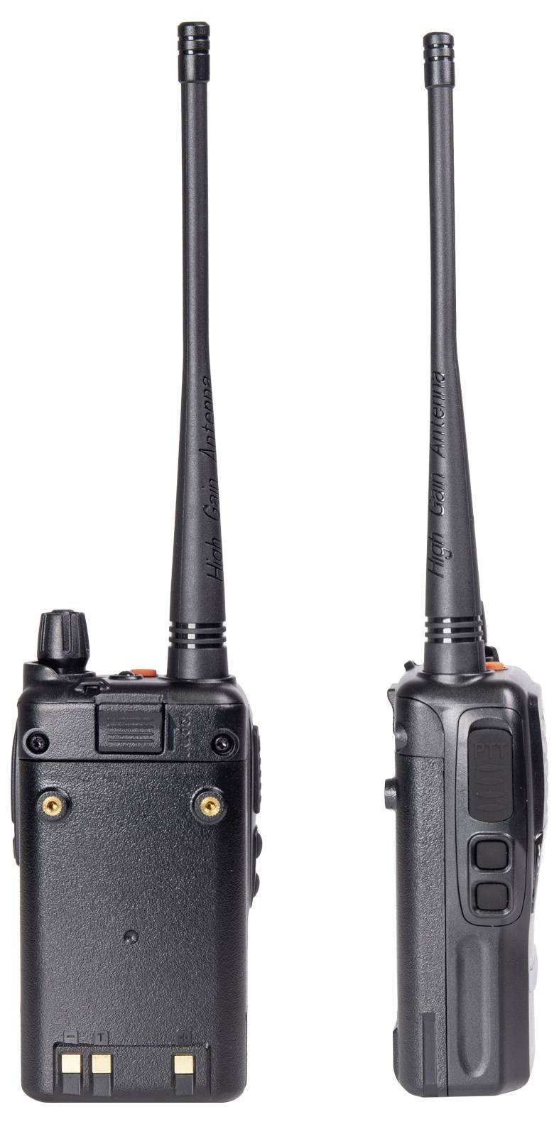 Dva černé ruční radiostanice s dlouhými anténami, pohled zezadu a z boku, zobrazující ovládací prvky a funkčnost.