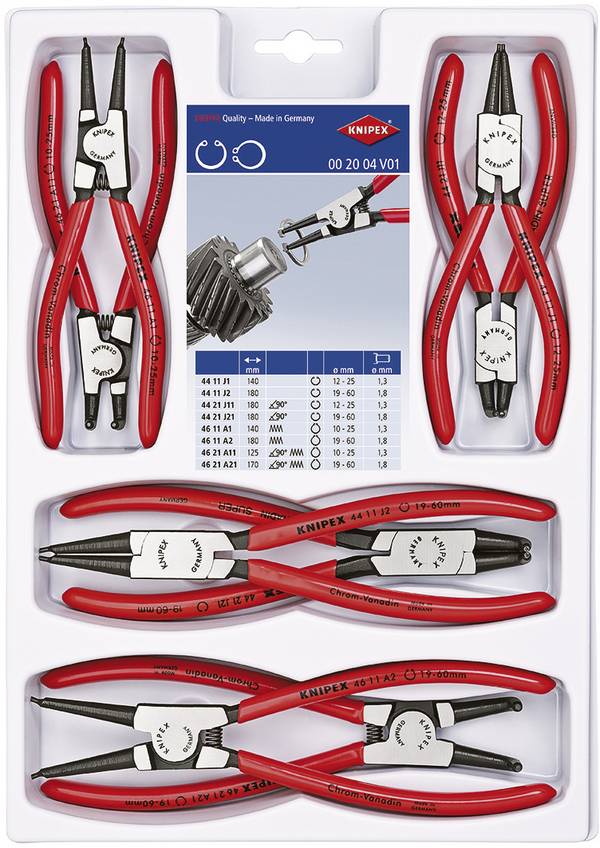 Knipex 00 20 04 V01 kleště na pojistné kroužky, sada Vhodné pro (kleště na pojistné kroužky) vnější a vnitřní kroužky 19-60 mm, 12-25 mm 10-25 mm, 19-60 mm Tvar hrotu rovný, zahnutý o 90°