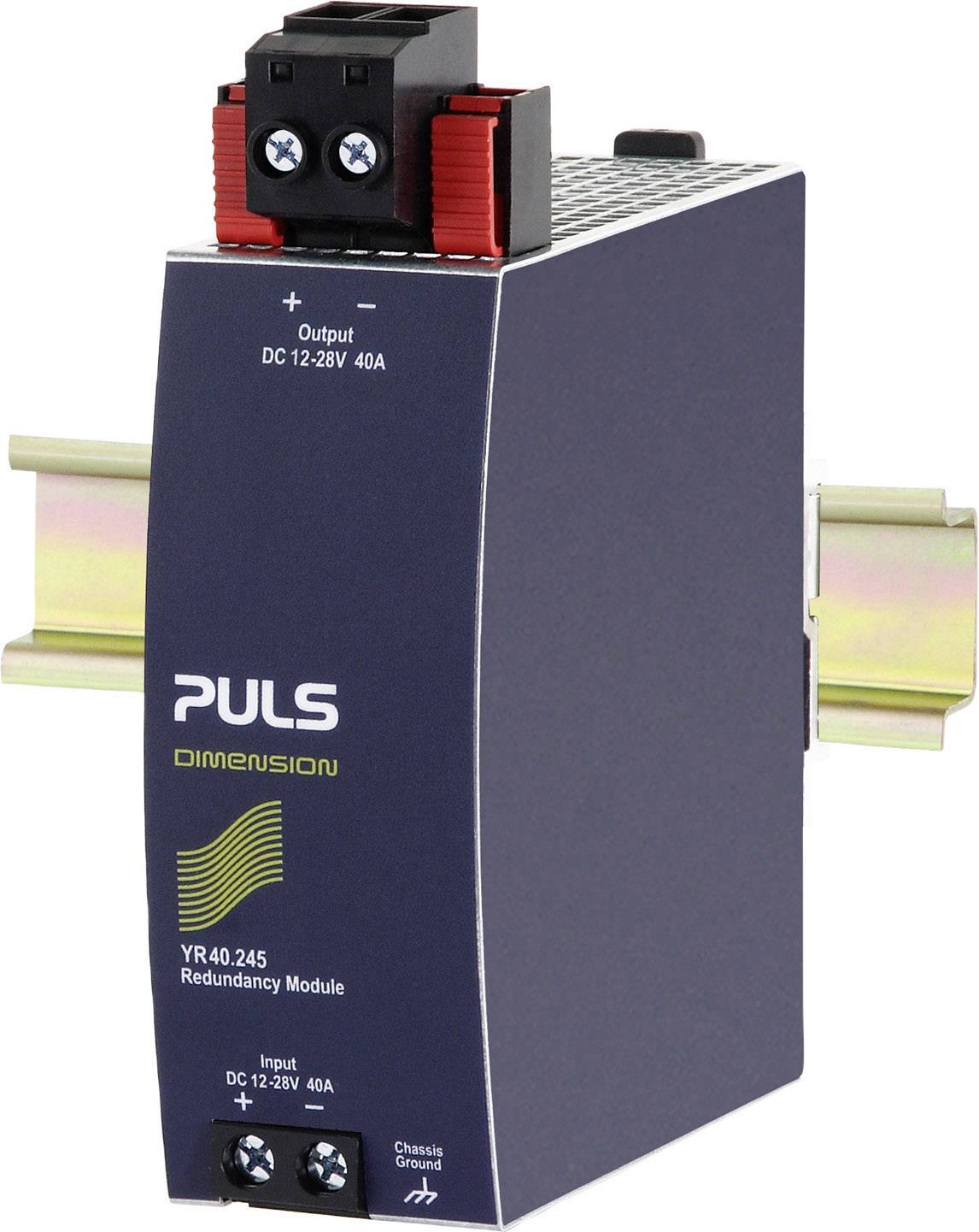 Elektronický redundantní modul v boxu (značky PULS) namontovaný na DIN lištu, označený štítkem 'Výstup DC 12-28V 40A'.