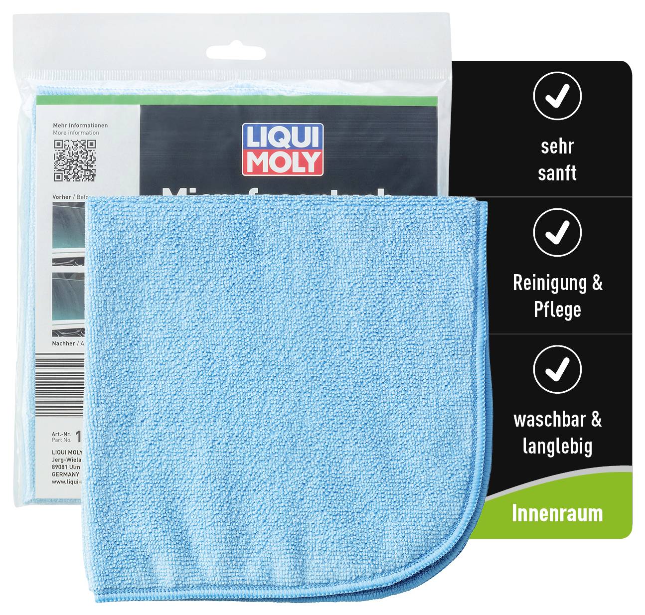 Mikrofiber čisticí utěrka od Liqui Moly v modré barvě, propagovaná jako 'velmi jemná, čisticí & pečující, pratelná & dlouhodobě použitelná' do interiéru vozidla.