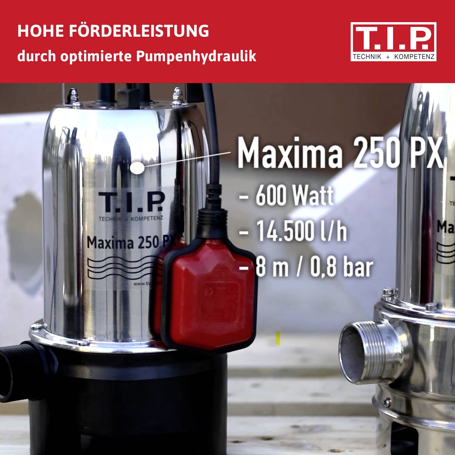 Čerpadlo 'Maxima 250 PX' s výkonem 600 wattů a kapacitou 14.000 l/h. Vyzdvihované vlastnosti: vysoký výkon čerpání, optimalizovaná hydraulika čerpadla.