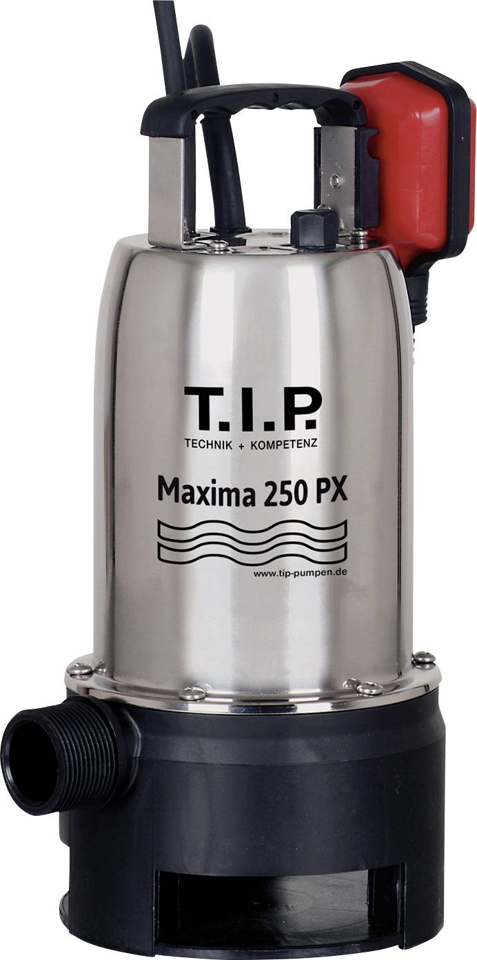 Stříbrná vodní čerpadlo značky T.I.P. Maxima 250 PX s černým výstupem a červenou rukojetí, vhodné pro odpadní vodu.