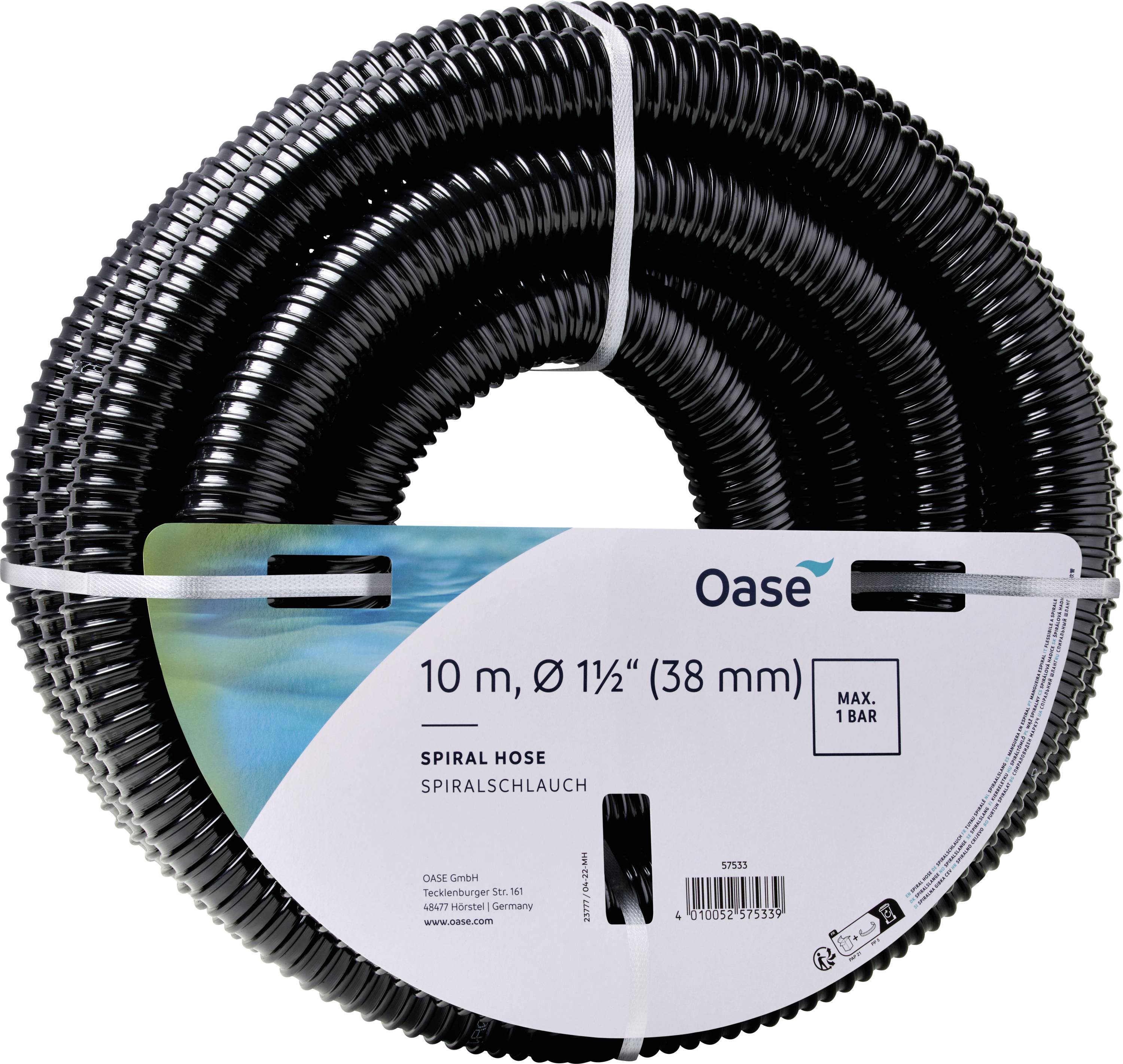 Černá spirálová hadice navinutá do cívky se specifikacemi: '10 m, Ø 1½" (38 mm)' a 'MAX. 1 BAR' zobrazená na bílém štítku, omotaná bílými pásy.