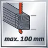 maximálně 100 mm a červeně zobrazené pilové kotouče, které ukazují, jak hluboko může řezat do dřevěného špalku.