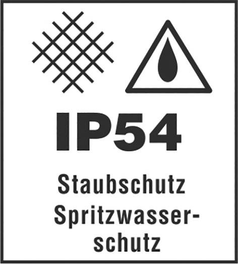 Grafika zobrazuje symbol 'IP54' s textem 'Ochrana před prachem Ochrana před stříkající vodou'. Poukazuje na ochranu před prachem a stříkající vodou.
