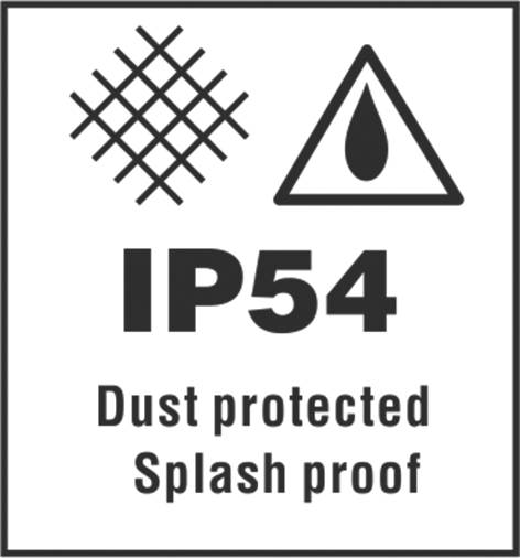 Symbol IP54 se síťovou strukturou a kapkou. Text: 'Chráněno před prachem, odolné stříkající vodě'.