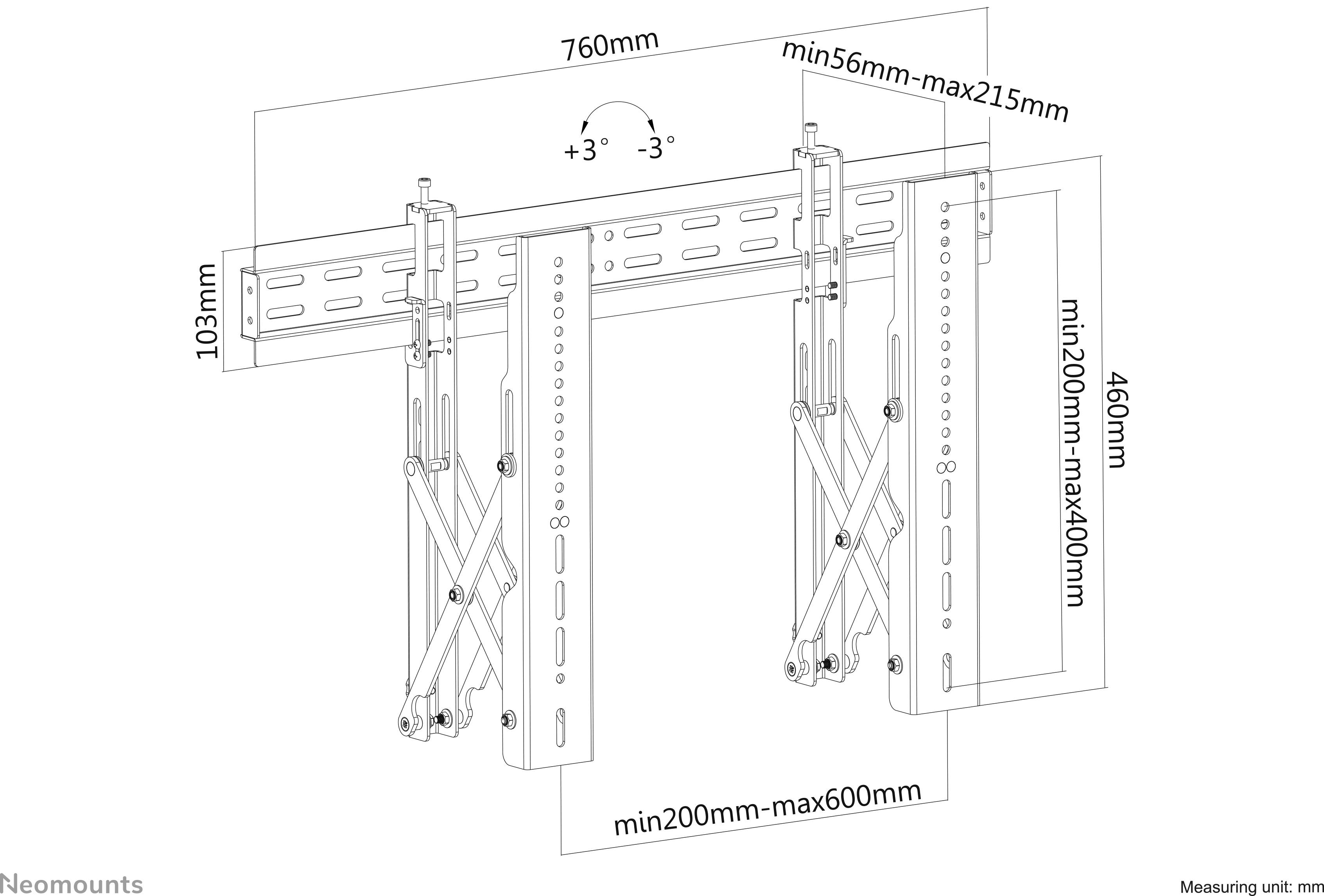 Nástěnný držák pro uchycení monitoru, nastavitelný. Šířka 760 mm, výška 460 mm, hloubka 56-215 mm. Úhel náklonu ±3 stupně, kompatibilní s VESA standardem.