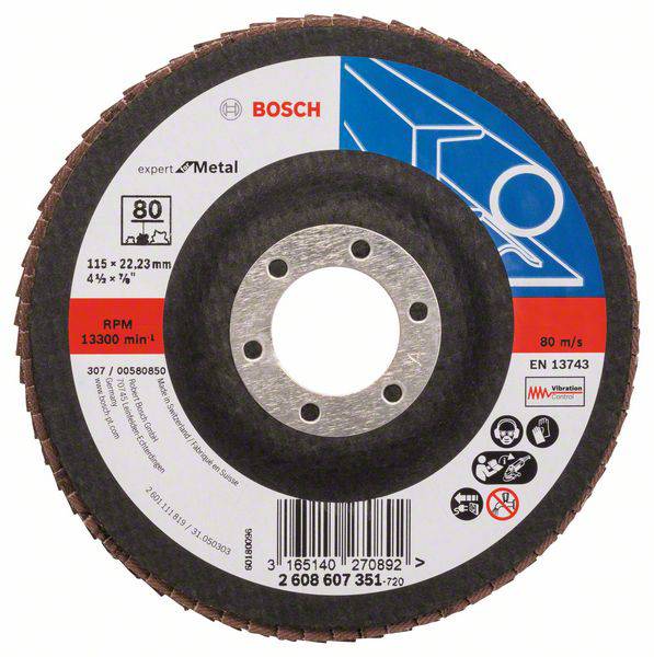 Brusný kotouč Bosch pro opracování kovu, 115 x 22,23 mm, max. 80 m/s, 13 300 ot./min, certifikovaný podle EN 13743.