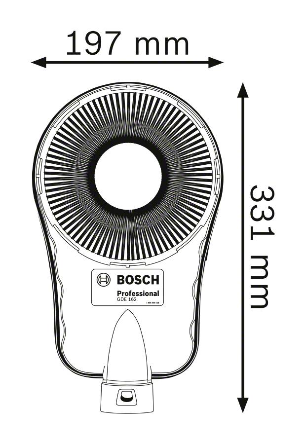Nákres ventilátoru Bosch GXE 162 s rozměry: 197 mm šířka, 331 mm výška. Ventilátor má velký centrální ventilátor.