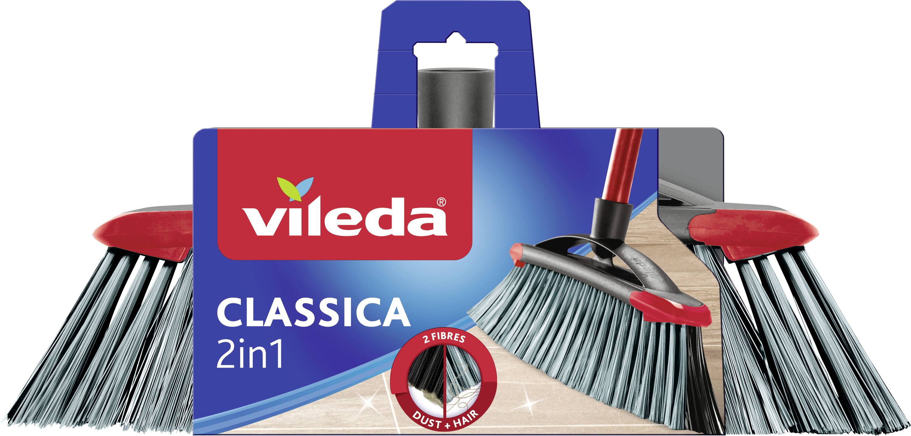 Balení metly Vileda Classica 2in1 zobrazující červeno-modré logo a tři hlavice metel s šedým štětinami a červenými rukojeti.