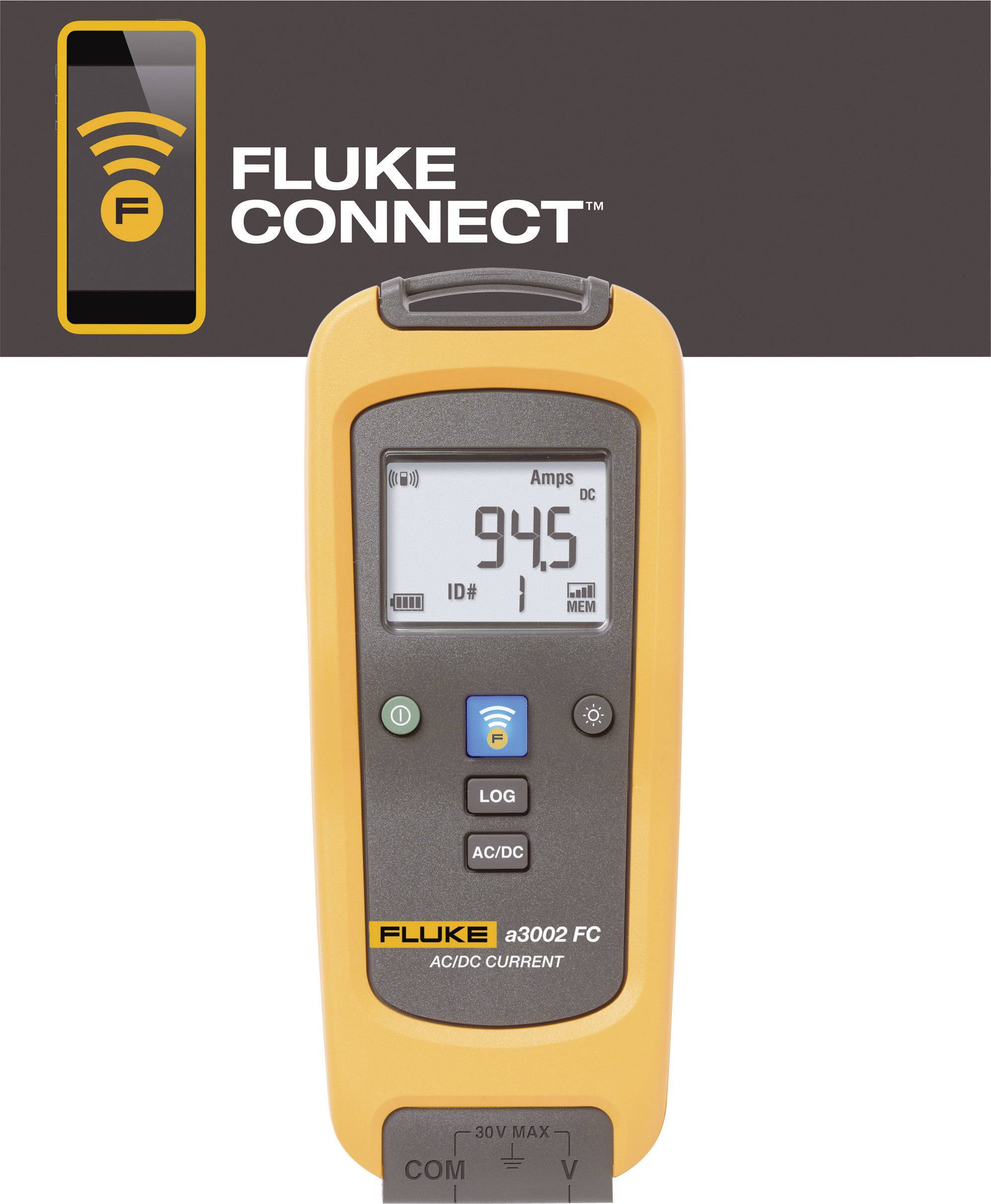 Měřič proudu 'Fluke 3002 FC' ukazuje 94,5 ampérů. Display zobrazuje symboly pro AC/DC a bluetooth připojení.