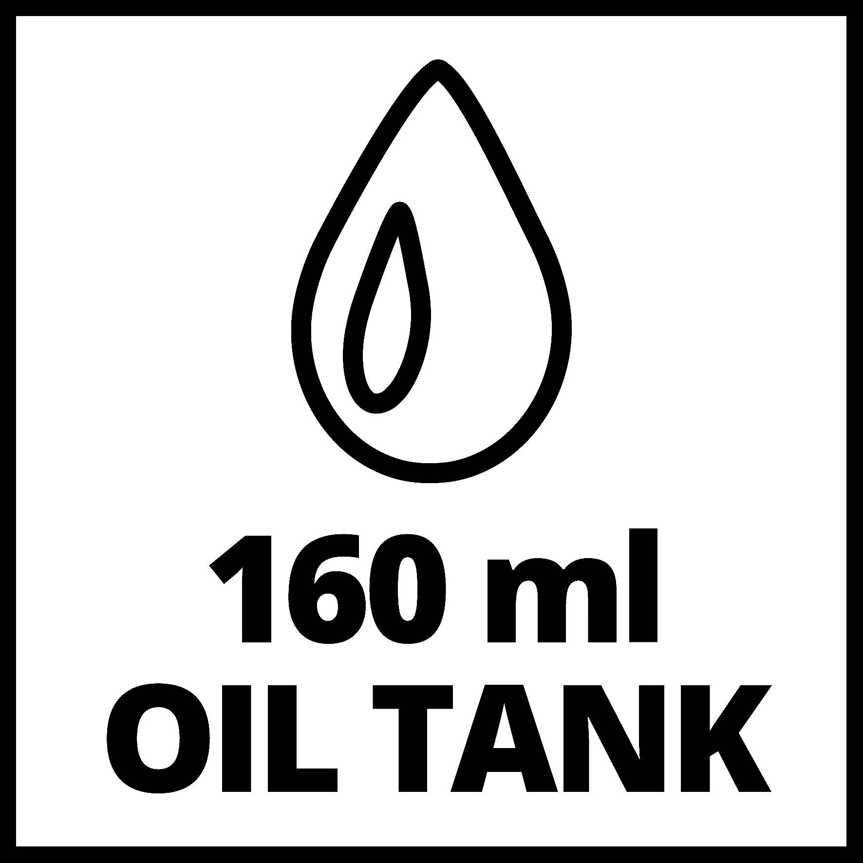 160ml olejová nádrž s kapkovým symbolem zobrazená v černém rámečku.