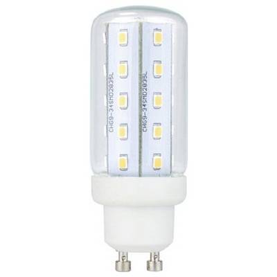 Úsporná LED žárovka s válcovitým, průhledným krytem; uvnitř svítí několik malých žlutých LED diod na dvou pruzích.