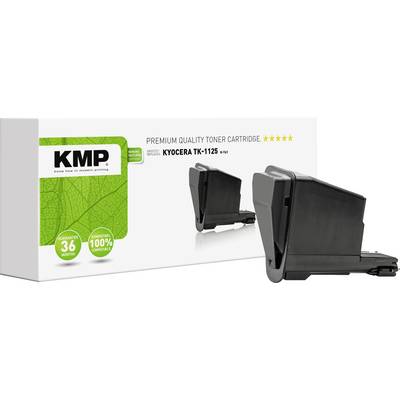 Dva černé tonerové válce před obalem. Na obalu je napsáno 'KMP Tonerová kazeta KYOCERA TK-1125'. Jsou viditelné záruční symboly.