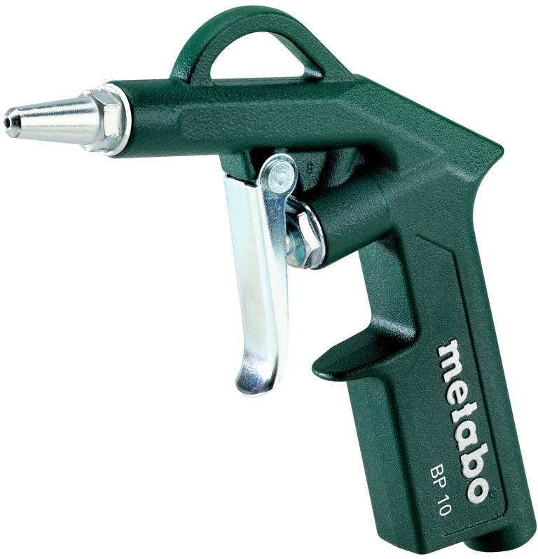 Zelený Metabo BP 10 ofukovací pistole s kovovou tryskou a spouští, zobrazená na bílém pozadí.