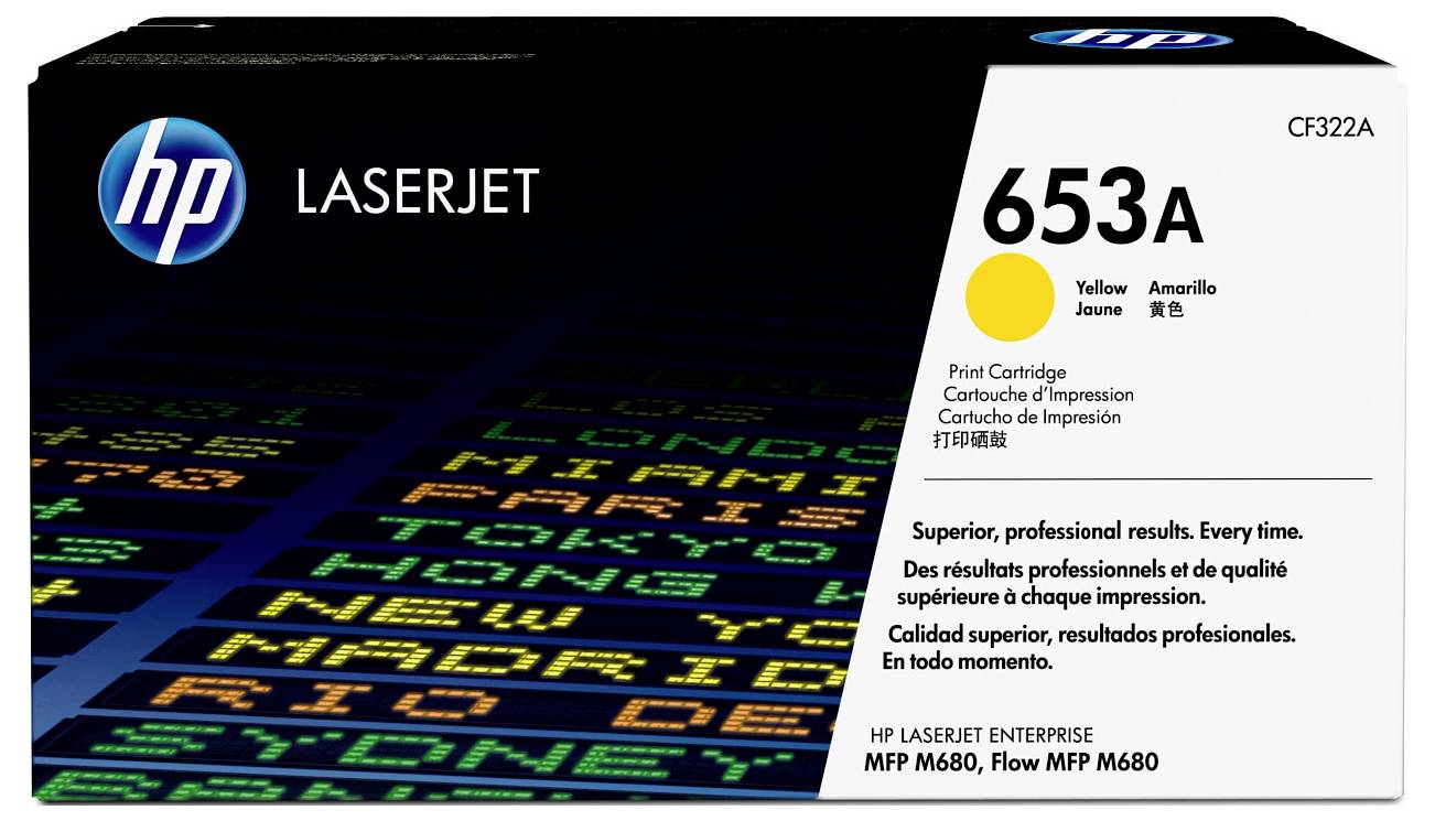 Krabice s žlutou tonerovou kazutou HP LaserJet 653A určená pro tiskárny LaserJet Enterprise, model CF322A, s logem HP a uvedenou kompatibilitou produktu.