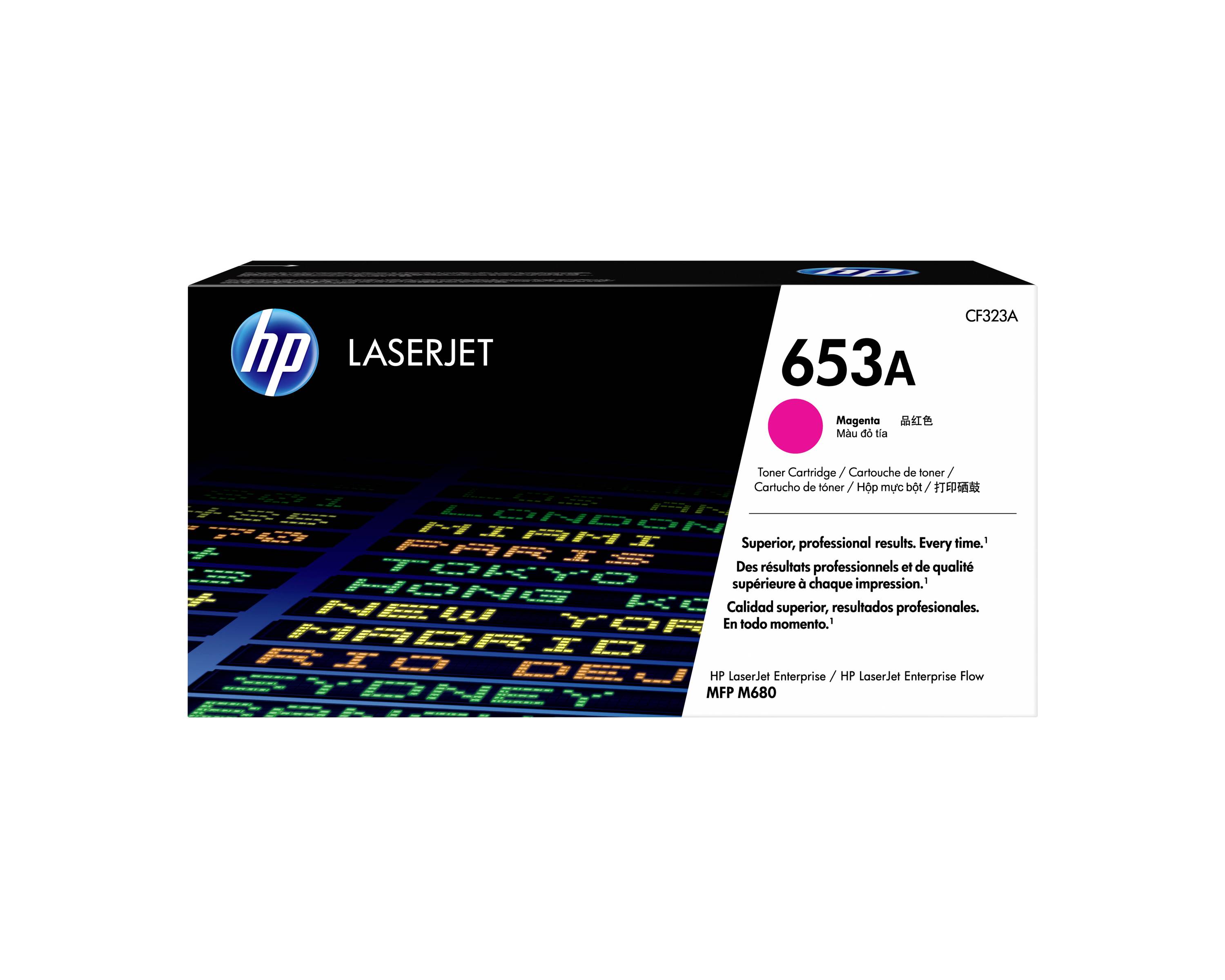 Krabice purpurové tonerové kazety HP LaserJet 653A pro podnikové tiskárny, označená 'CF323A' a kompatibilní s modely HP LaserJet Enterprise.