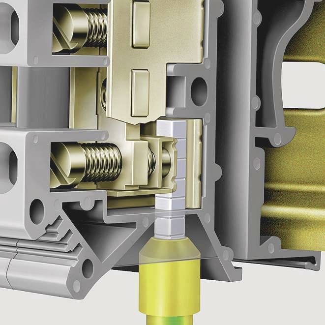 Příčný řez okenní závorou s kovovými komponenty, pružinami a strukturami čepů, které ukazují bezpečnostní mechanismus.