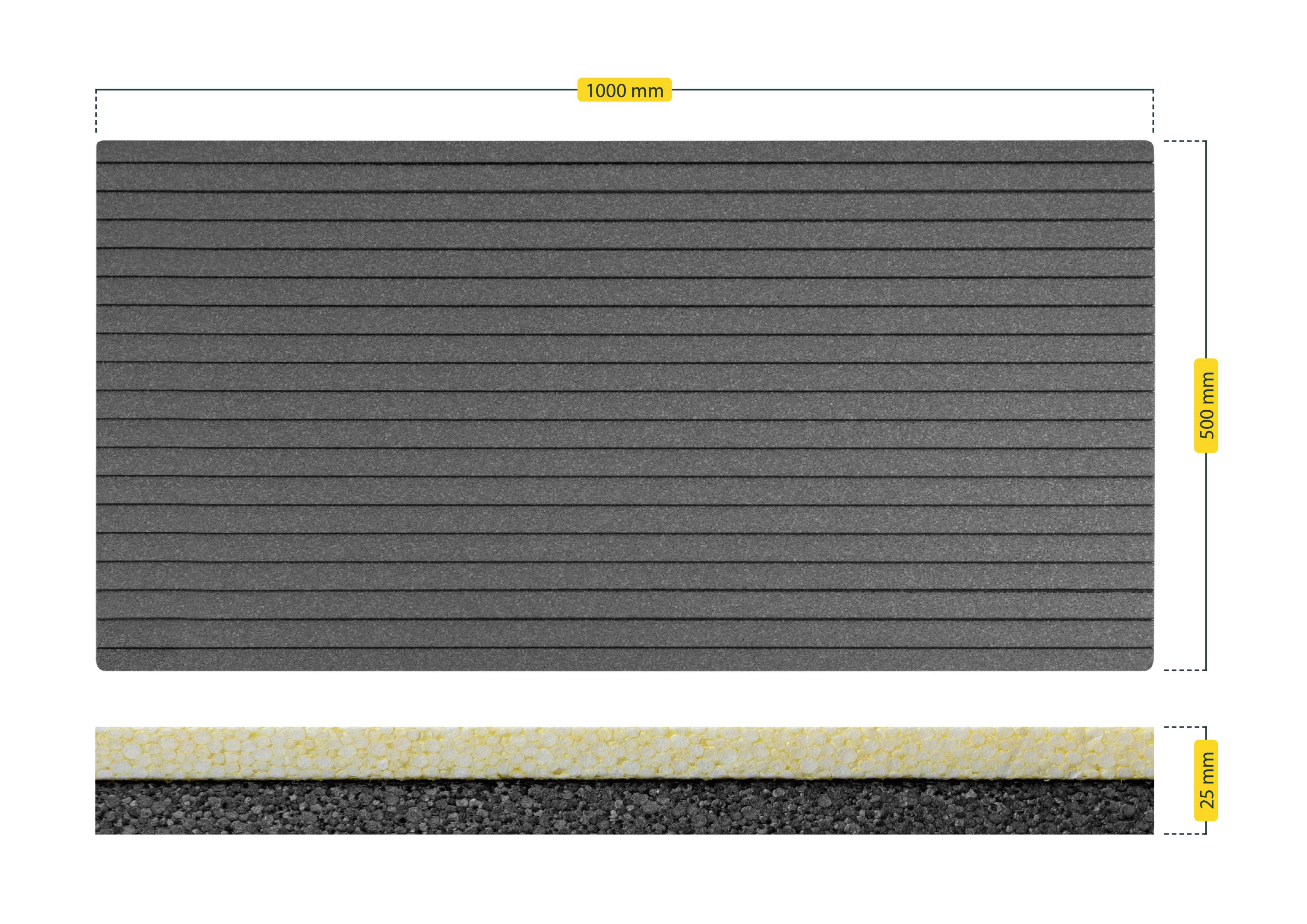 Obdélníková, vroubkovaná gumová podložka, rozměry: 1000 mm x 500 mm x 25 mm. Boční pohled ukazuje tloušťku vrstvy v šedé a žluté barvě.