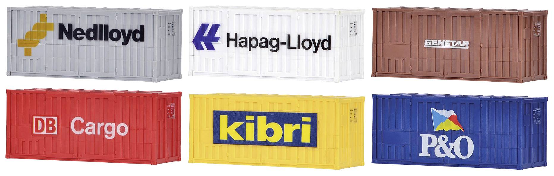 Šest barevných nákladních kontejnerů s logy různých společností: Nedlloyd, Hapag-Lloyd, Genstar, DB Cargo, kibri, P&O.