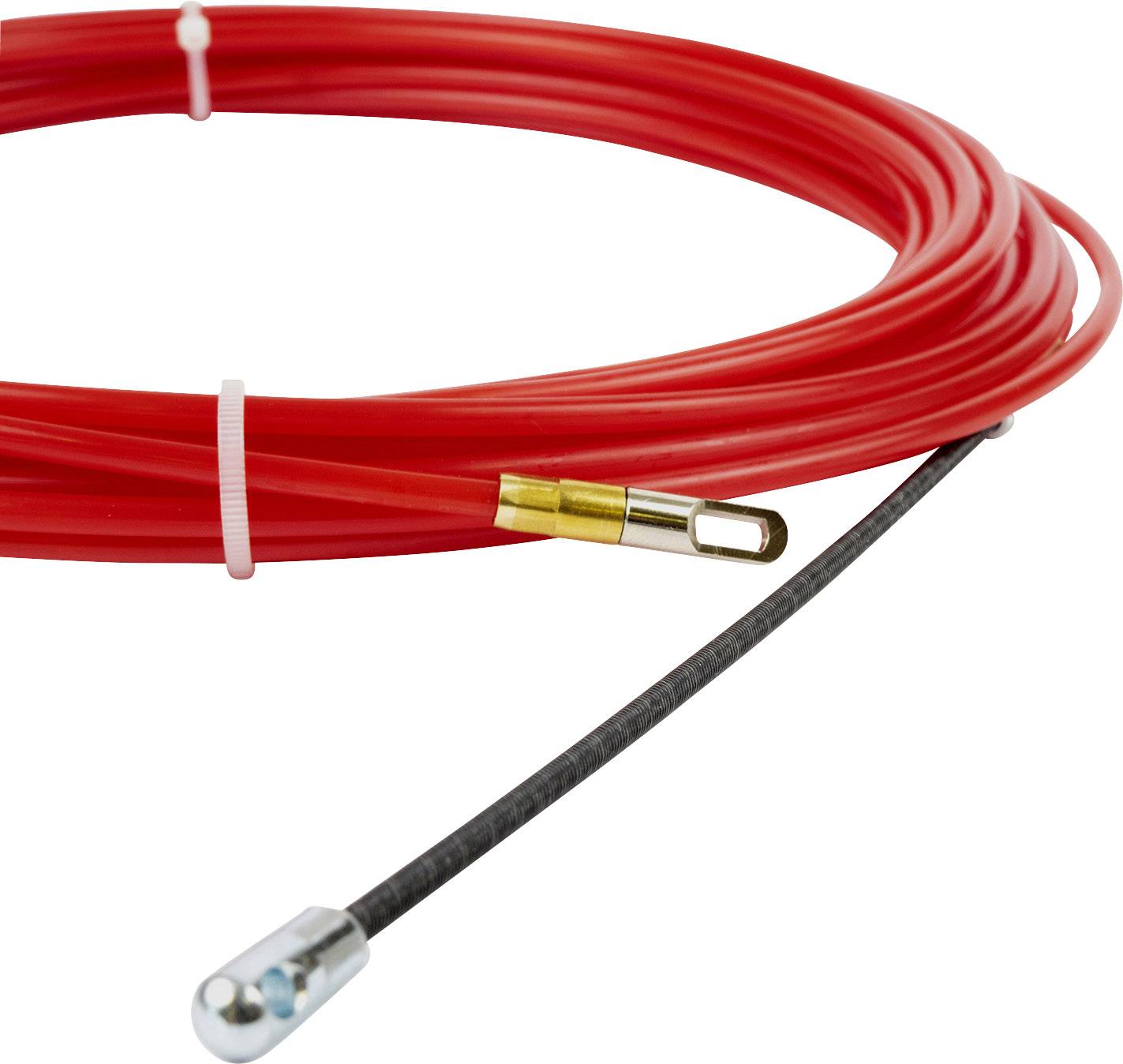 Flexibilní, červený kabel s kovovým hrotem, který slouží k protahování kabelů zdmi nebo trubkami, podporuje instalační práce.