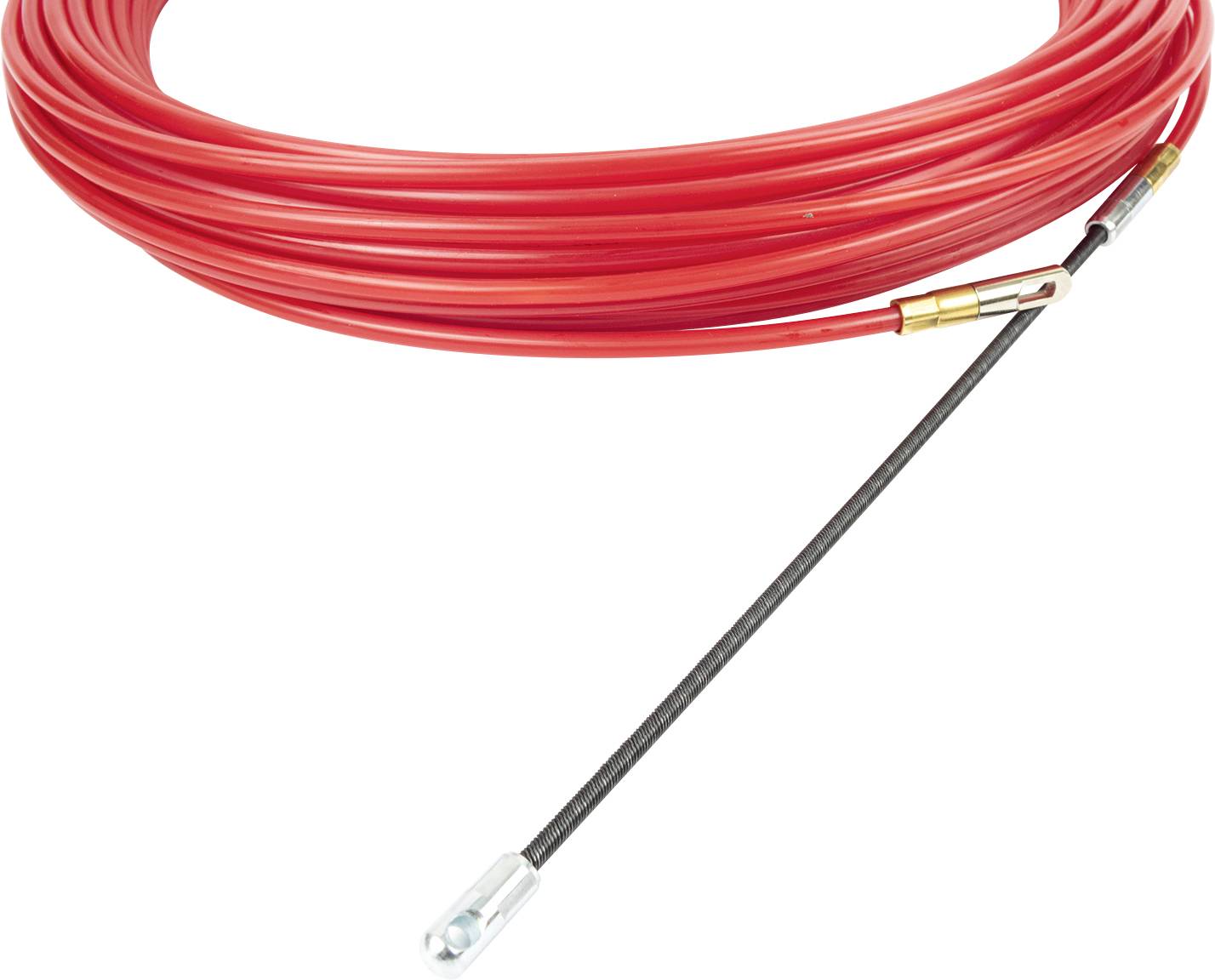 Červený kabel s kovovým hrotem na jednom konci.