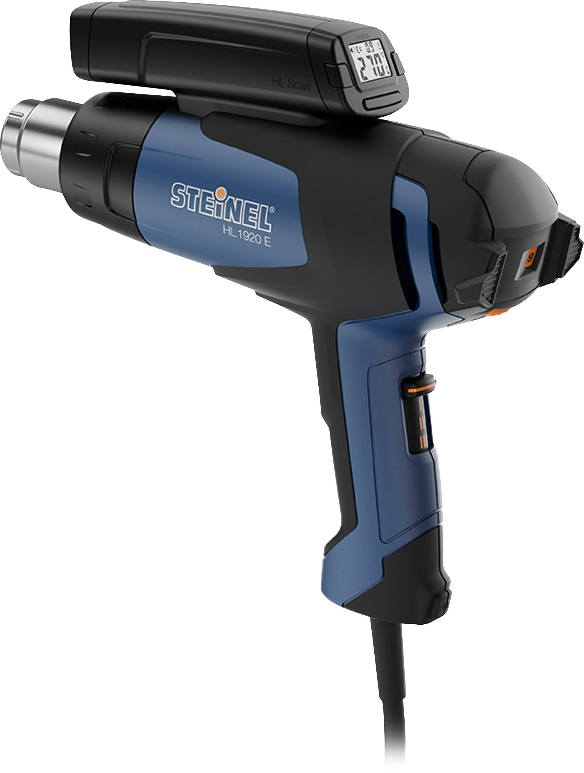 Horkovzdušná pistole Steinel HL 1920 E v černé a modré barvě s digitálním displejem pro zobrazení teploty.