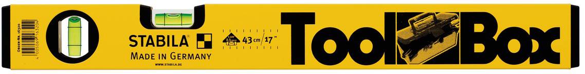Žlutá vodováha s nápisem 'STABILA Made in Germany'. Obsahuje libelu pro přesné měření. Zobrazen název značky 'ToolBox'.