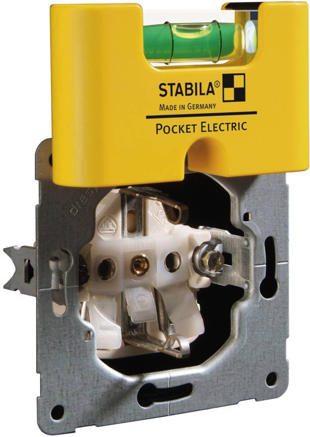 Elektronická vodní váha 'Stabila Pocket Electric' se žlutým pouzdrem umístěná na držáku zásuvky, zobrazující přesnou svislou polohu.