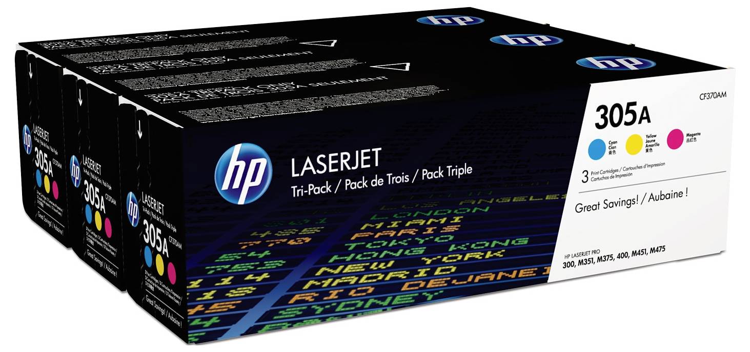 Sada tří tonerů HP LaserJet 305A s azurovými, žlutými a purpurovými kazety pro vybrané tiskárny HP LaserJet