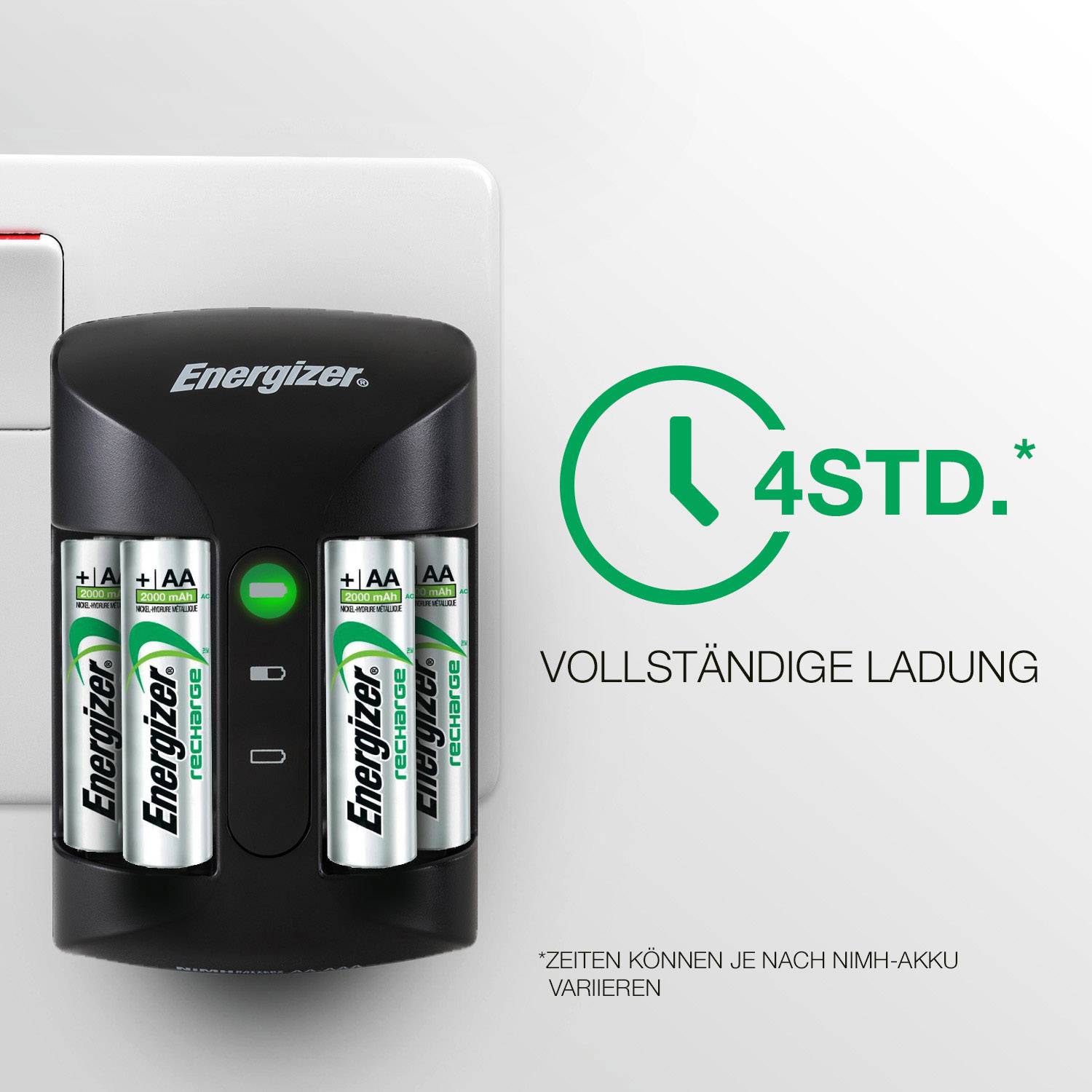 Nabíječka v elektrické zásuvce se čtyřmi bateriemi AA. Text '4 hod.* Úplné nabití'. Poznámka: 'Časy se mohou lišit v závislosti na akumulátoru NiMH'.