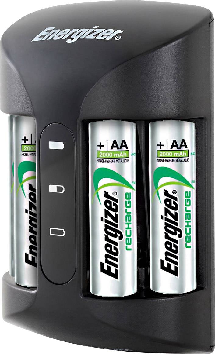 Nabíječka baterií Energizer se čtyřmi AA bateriemi, 2000 mAh. Indikační kontrolky na přední straně zobrazují stav nabití.