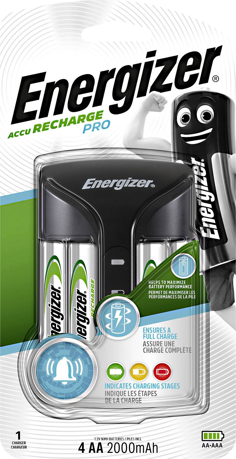 Černý herní ovladač se dvěma nabíjecími AA bateriemi Energizer umístěnými pod ním. Text nahoře: 'MAXIMALIZUJE VÝKON BATERIE'