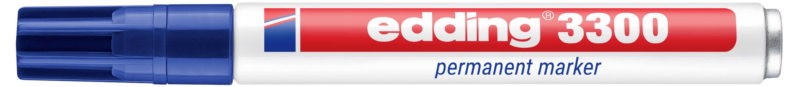 Modrý uzávěr značkovač Edding 3300 permanentní s červeným a stříbrným tělem.