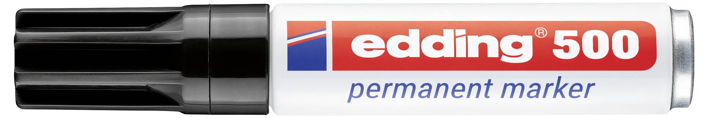 Černý a stříbrný permanentní fix Edding 500 s červeným štítkem „edding 500" a modrým textem „permanent marker".