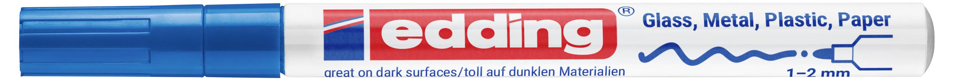 Modrý fix Edding s logem a textem: Sklo, Kov, Plast, Papír; ideální na tmavé povrchy; šířka čáry 1–2 mm.
