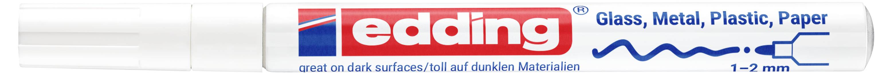 Propagační banner s fixem Edding obsahující logo a text 'Sklo, Kov, Plast, Papír' a '1-2 mm'.