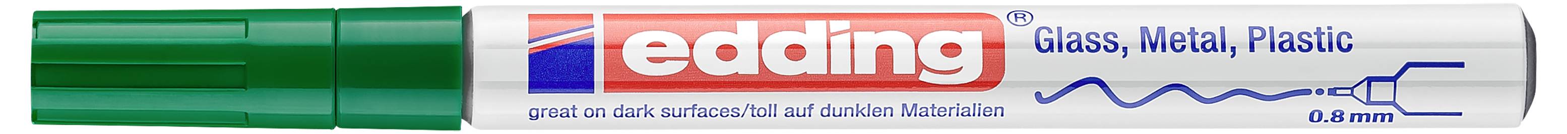 Zelená popisovací tužka edding s červeným logem „edding", označená na těle „Sklo, Kov, Plast" a „0,8 mm".