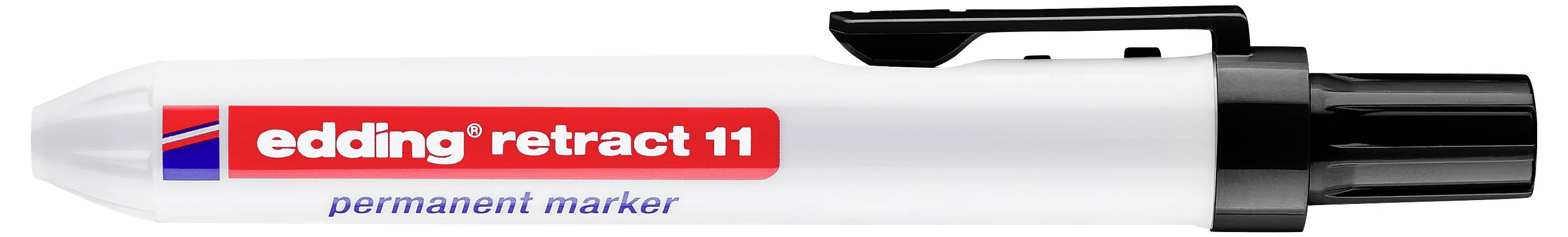 Bílý permanentní marker Edding retract 11 s červeným štítkem a černým uzávěrem, zobrazen vodorovně na jednoduchém pozadí.