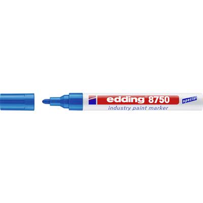 Modrý průmyslový značkovací fix Edding 8750 se speciální barvou s víčkem a zkosenými vrcholem v balení.