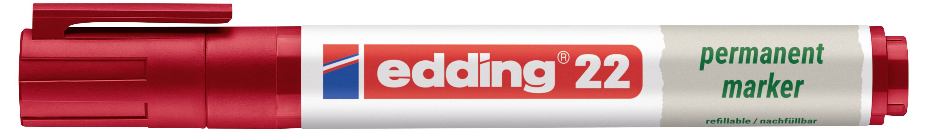 Červený značkovací Fix Edding 22 s uzavřeným uzávěrem, označený 'edding 22' a 'permanent marker'.