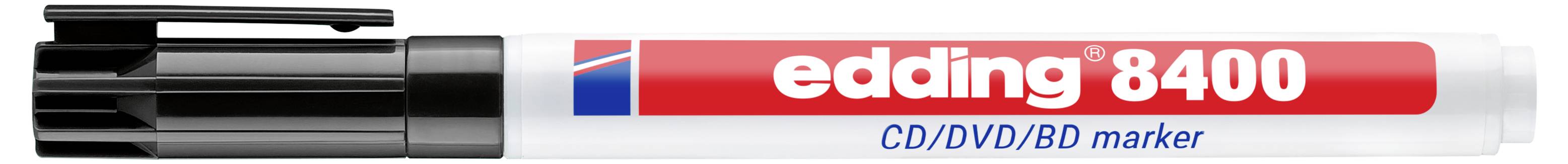 Černý značkovací fix Edding 8400 na CD/DVD/BD s červeno-bílým štítkem a černým uzávěrem.